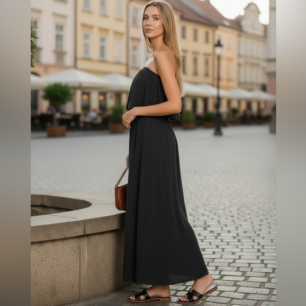 Zenana Woven Crinkle Strapless Maxi Dress Black